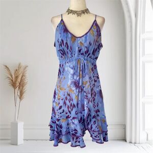 Whimsical Early 2000s Y2K Mesh Ruffled Babydoll Blue Purple Floral Mini Dress L